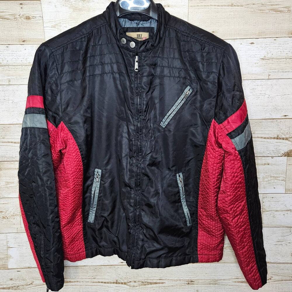 BKE Quilted Moto Bomber Jacket Mens L Y2K Quilted Biker Buckle Coat Black Red